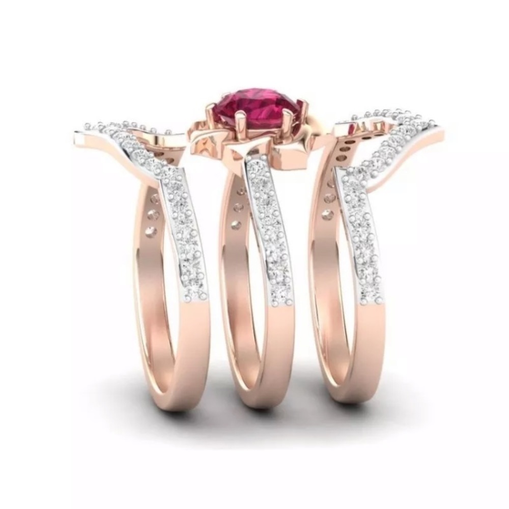 3Pcs/Set Exquisite Rose Gold Ruby Flower Ring - Picture 2 of 5